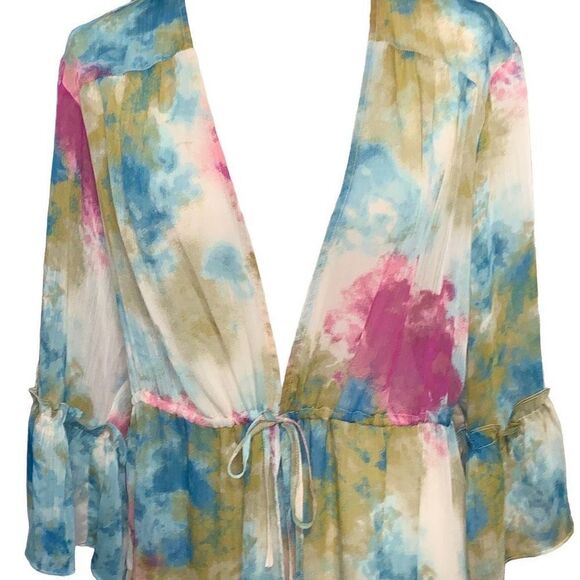 Cato Tie Dyed Ruffle Tiered Front Tie Kimono Maxi Duster 14/16W - Picture 3 of 7